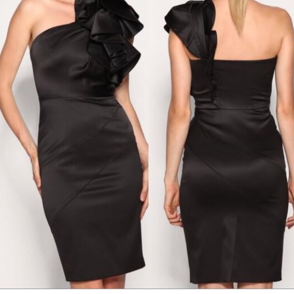 Karen Millen Black Ruffled One-Shoulder Midi Dress